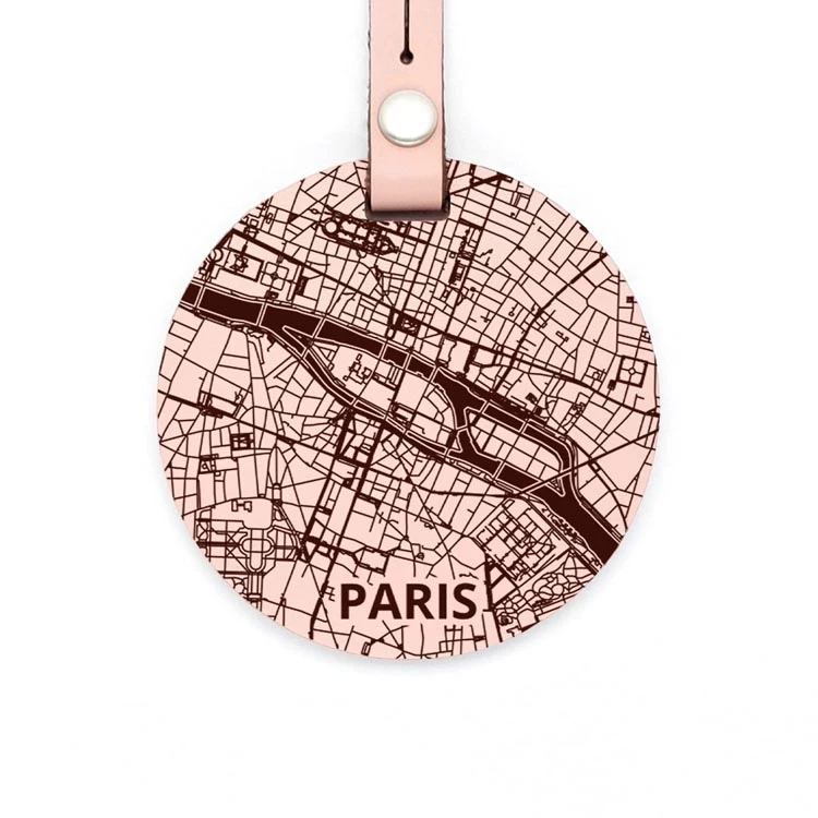 Étiquette à bagage ronde en cuir upcyclé - Plan de Paris (générique)